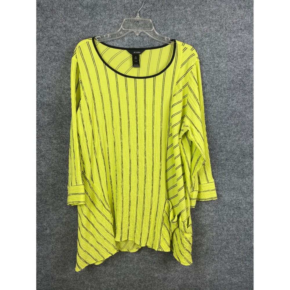 Ali Miles Tunic Top Women 1X Lime Yellow Excellent Stripe Sharkbite Hem Pocket